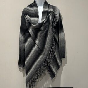 Love Stitch Vida Black, White &Gray Fringe Asymmetrical Boho Wrap Sweater